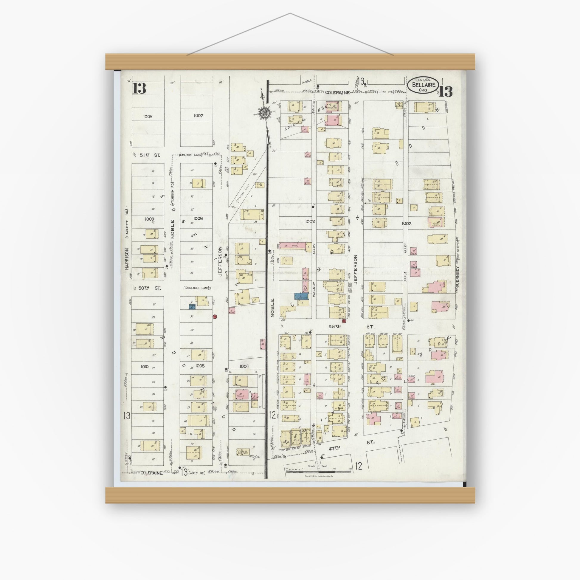 Old map wall art mockup — magnetic wood frame on white wall — Sanborn Fire Insurance Map from Bellaire, Belmont County, Ohio (1924), Sheet #0013
