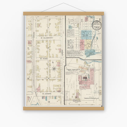 Old map wall art mockup — magnetic wood frame on white wall — Sanborn Fire Insurance Map from Tyrone, Blair County, Pennsylvania (1884) - Complete Map Set