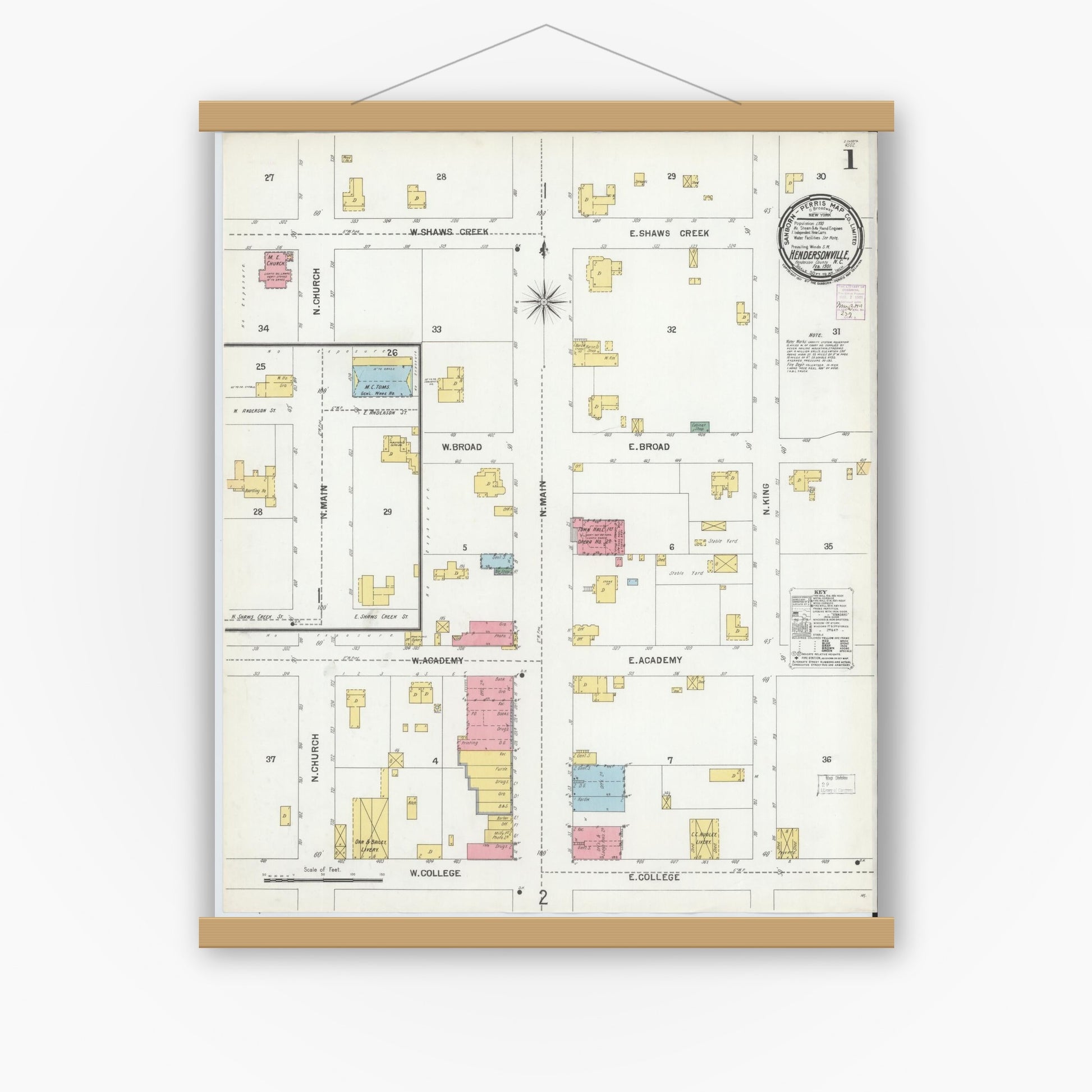 Old map wall art mockup — magnetic wood frame on white wall — Sanborn Fire Insurance Map from Hendersonville, Henderson County, North Carolina (1901) - Complete Map Set