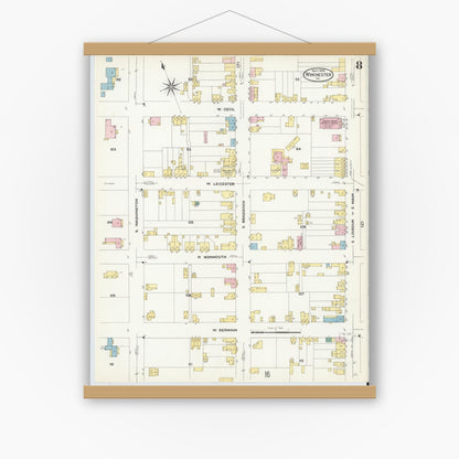 Old map wall art mockup — magnetic wood frame on white wall — Sanborn Fire Insurance Map from Winchester, Independent Cities, Virginia (1908), Sheet #0008