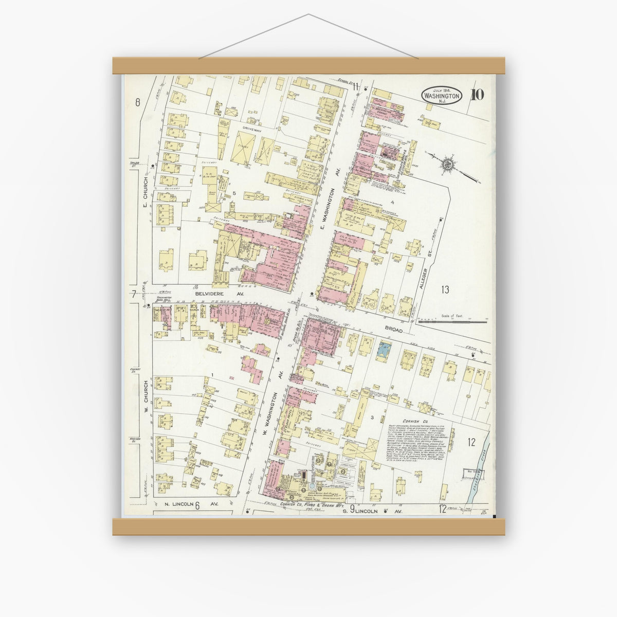Old map wall art mockup — magnetic wood frame on white wall — Sanborn Fire Insurance Map from Washington, Warren County, New Jersey (1914), Sheet #0010