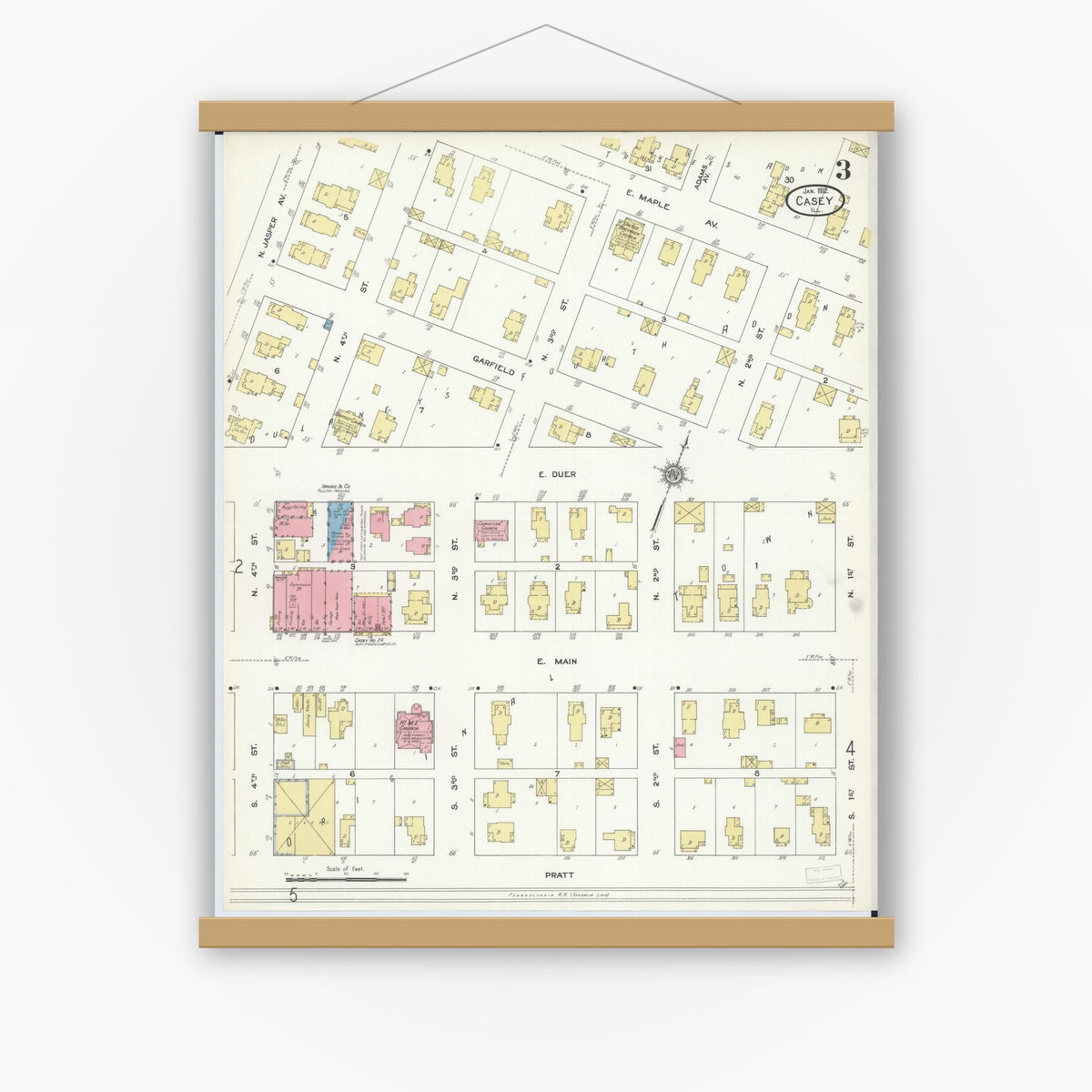 Old map wall art mockup — magnetic wood frame on white wall — Sanborn Fire Insurance Map from Casey, Clark County, Illinois (1912), Sheet #0003