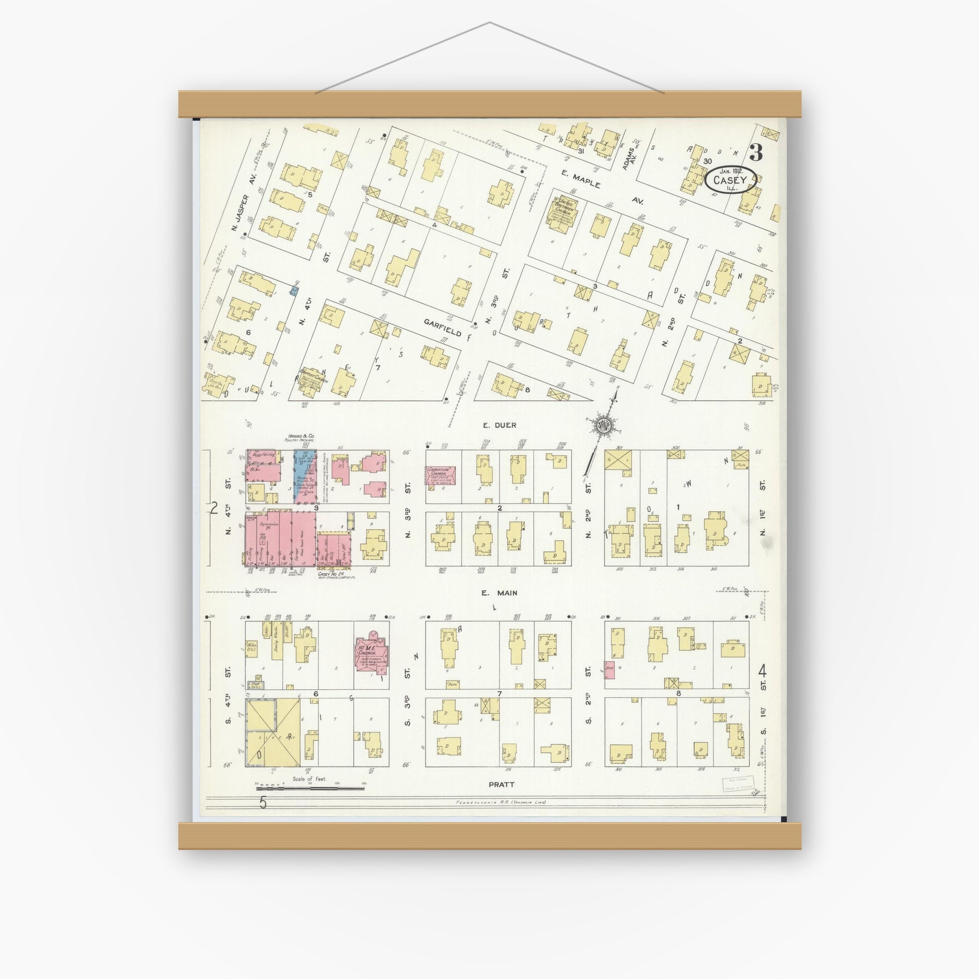 Old map wall art mockup — magnetic wood frame on white wall — Sanborn Fire Insurance Map from Casey, Clark County, Illinois (1912), Sheet #0003
