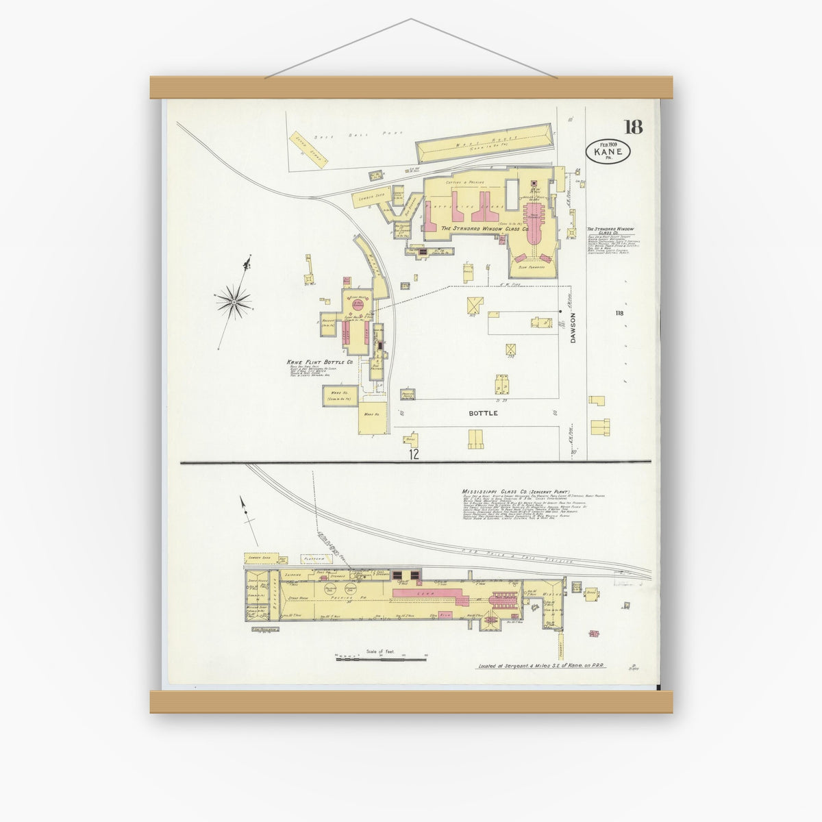 Old map wall art mockup — magnetic wood frame on white wall — Sanborn Fire Insurance Map from Kane, McKean County, Pennsylvania (1909), Sheet #0018