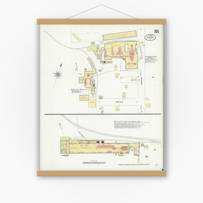 Old map wall art mockup — magnetic wood frame on white wall — Sanborn Fire Insurance Map from Kane, McKean County, Pennsylvania (1909), Sheet #0018