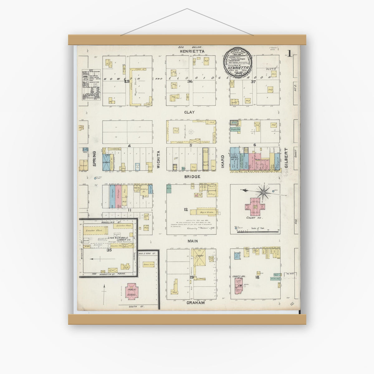 Old map wall art mockup — magnetic wood frame on white wall — Sanborn Fire Insurance Map from Henrietta, Clay County, Texas (1891) - Complete Map Set