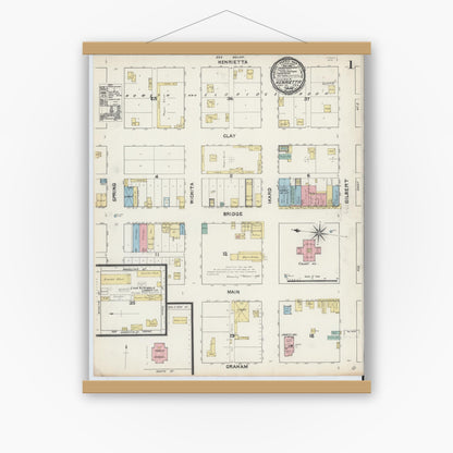 Old map wall art mockup — magnetic wood frame on white wall — Sanborn Fire Insurance Map from Henrietta, Clay County, Texas (1891) - Complete Map Set