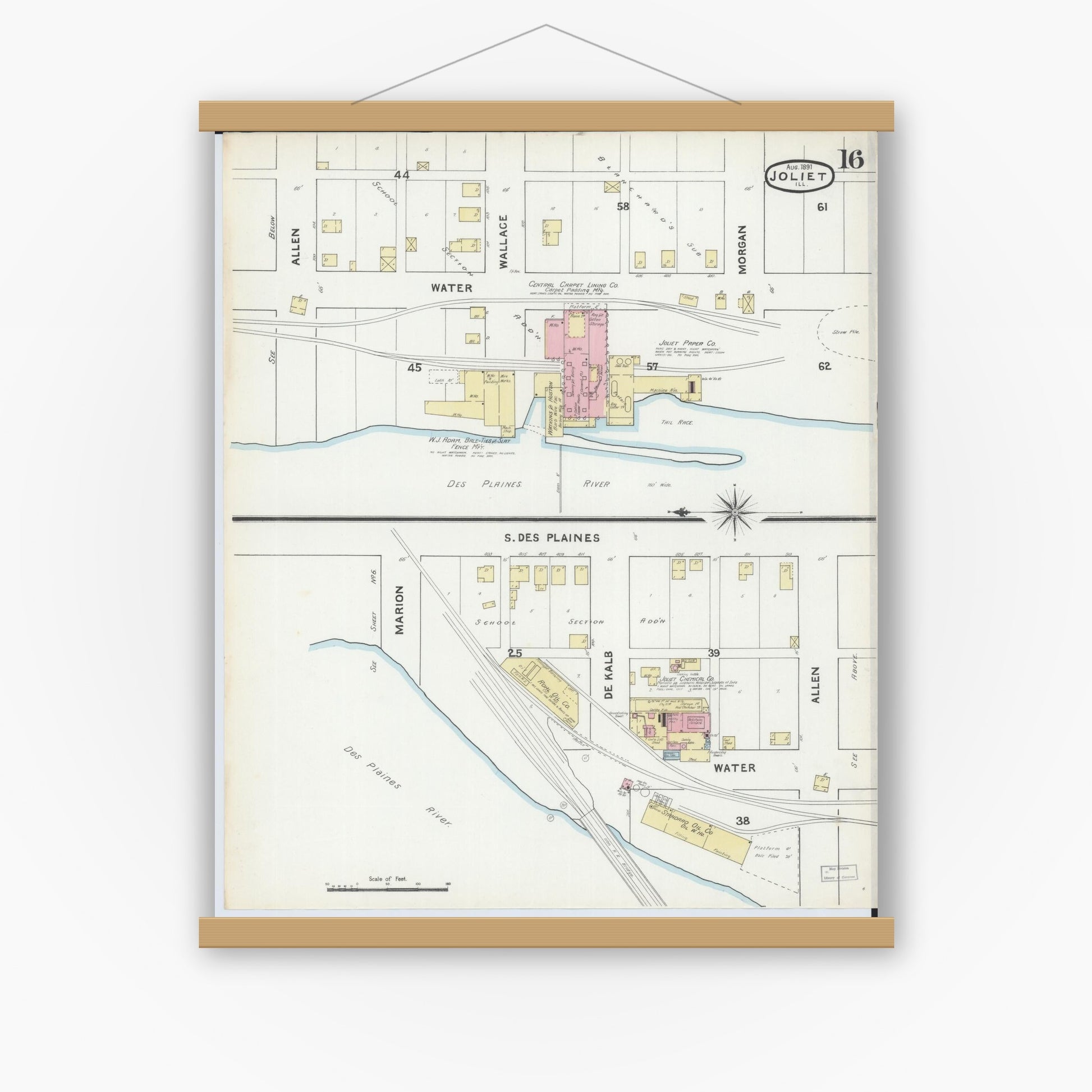Old map wall art mockup — magnetic wood frame on white wall — Sanborn Fire Insurance Map from Joliet, Will County, Illinois (1891), Sheet #0016