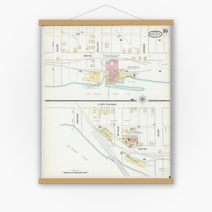 Old map wall art mockup — magnetic wood frame on white wall — Sanborn Fire Insurance Map from Joliet, Will County, Illinois (1891), Sheet #0016