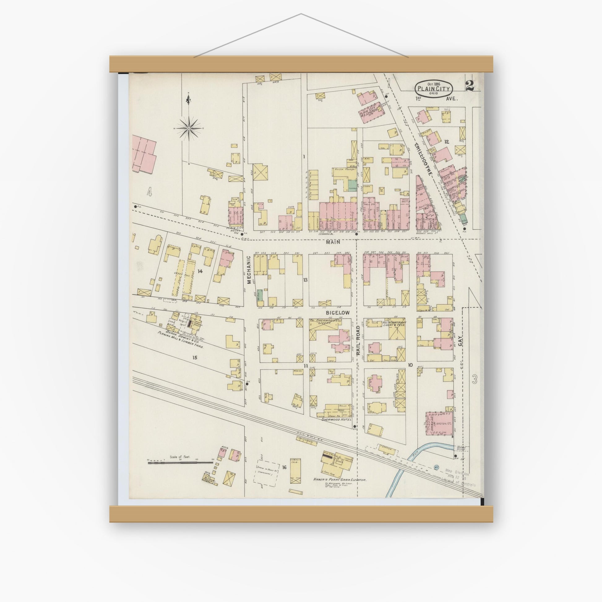 Old map wall art mockup — magnetic wood frame on white wall — Sanborn Fire Insurance Map from Plain City, Madison And Union Counties, Ohio (1895), Sheet #0002