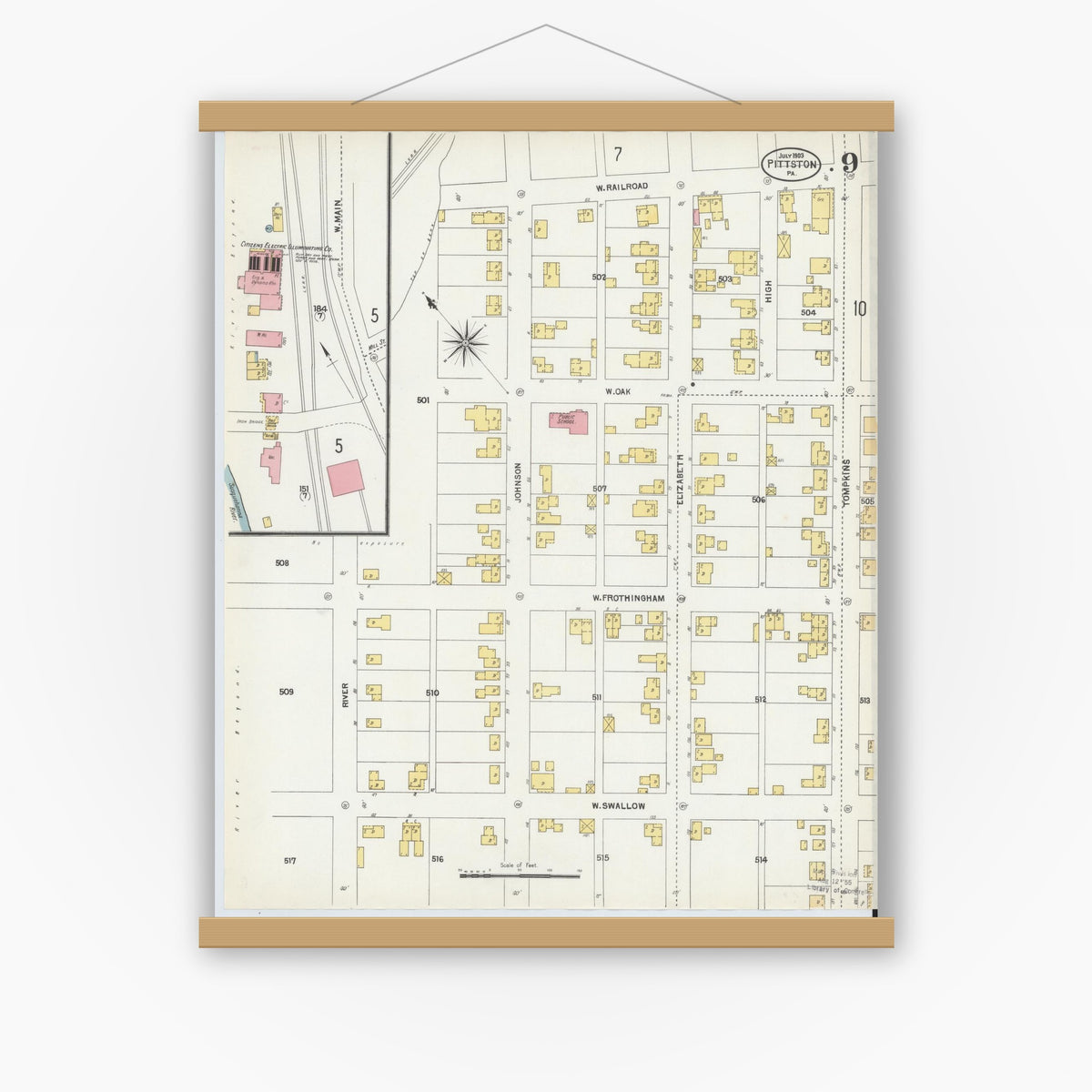 Old map wall art mockup — magnetic wood frame on white wall — Sanborn Fire Insurance Map from Pittston, Luzerne County, Pennsylvania (1903), Sheet #0009