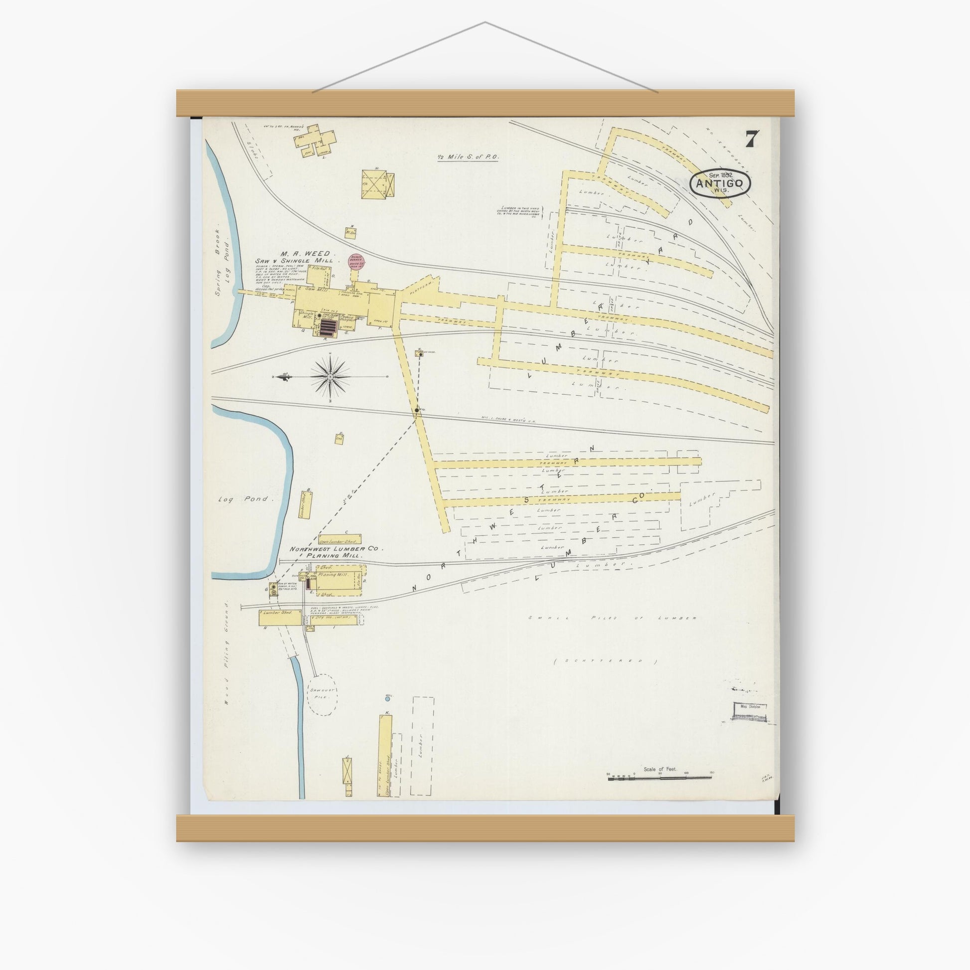 Old map wall art mockup — magnetic wood frame on white wall — Sanborn Fire Insurance Map from Antigo, Langlade County, Wisconsin (1892), Sheet #0007