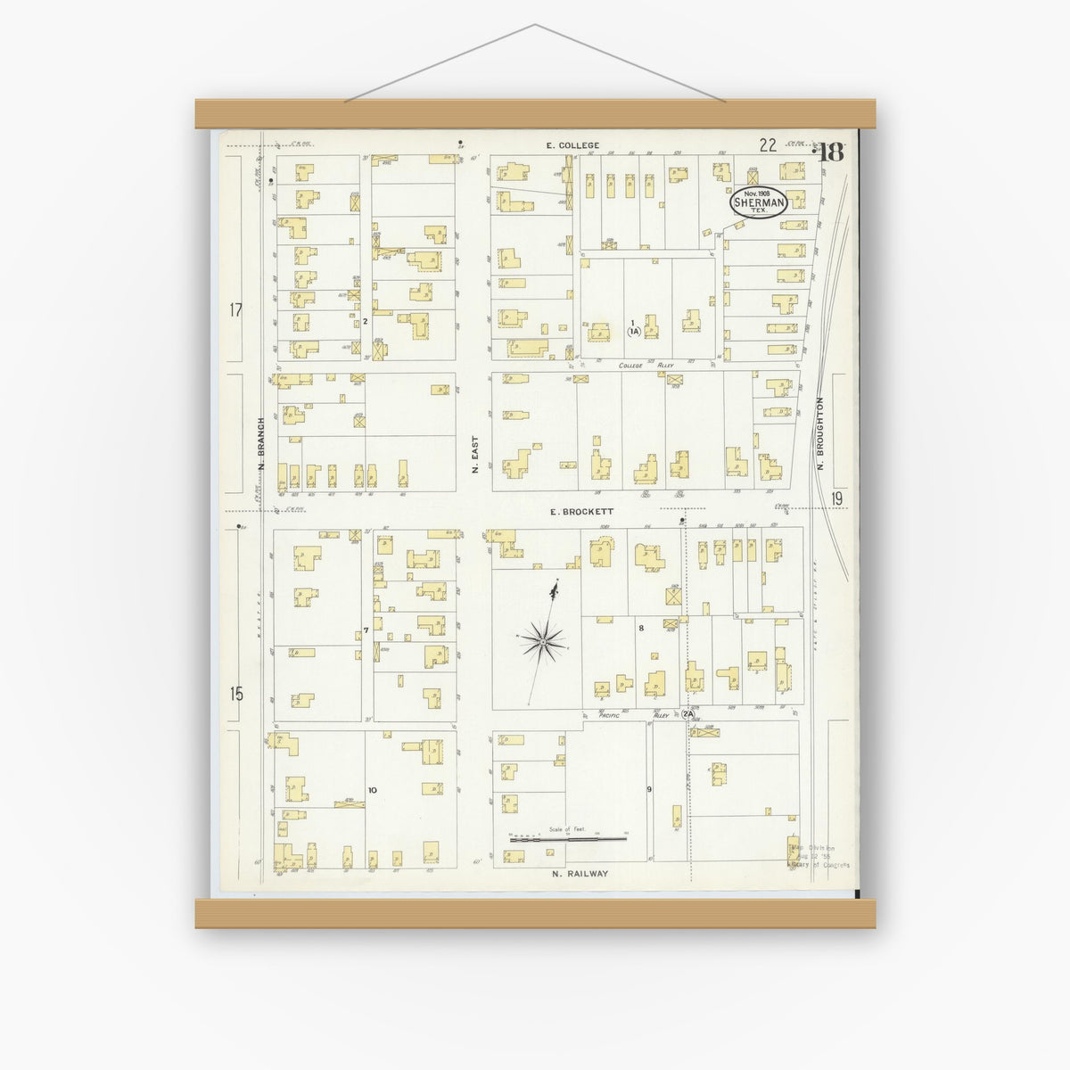 Old map wall art mockup — magnetic wood frame on white wall — Sanborn Fire Insurance Map from Sherman, Grayson County, Texas (1908), Sheet #0018
