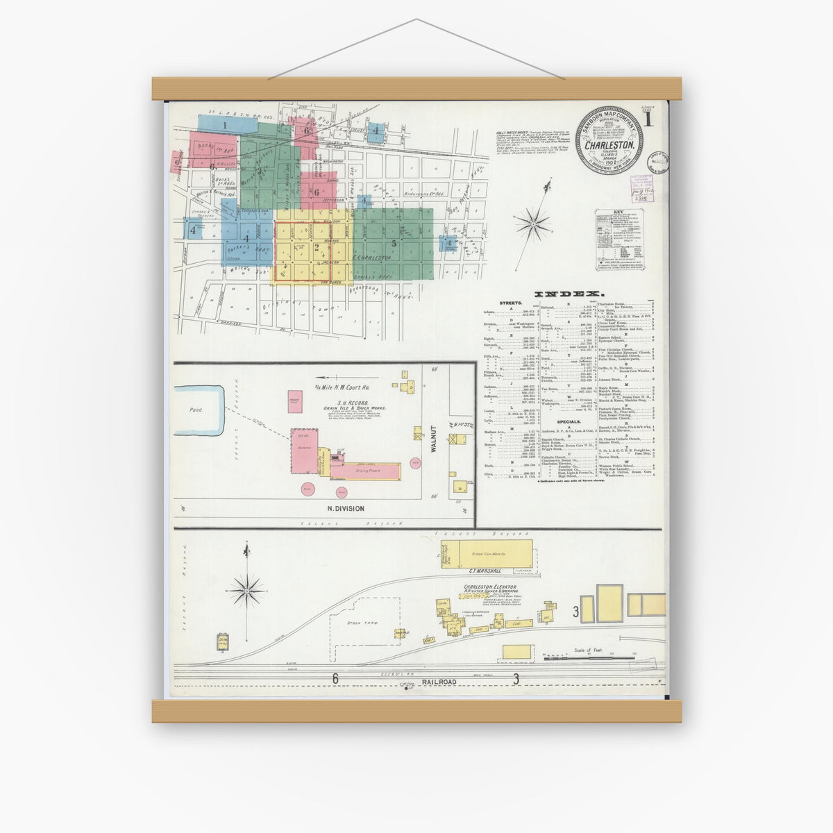 Old map wall art mockup — magnetic wood frame on white wall — Sanborn Fire Insurance Map from Charleston, Coles County, Illinois (1902) - Complete Map Set