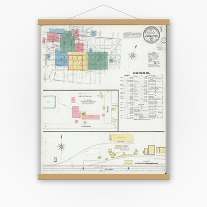 Old map wall art mockup — magnetic wood frame on white wall — Sanborn Fire Insurance Map from Charleston, Coles County, Illinois (1902) - Complete Map Set