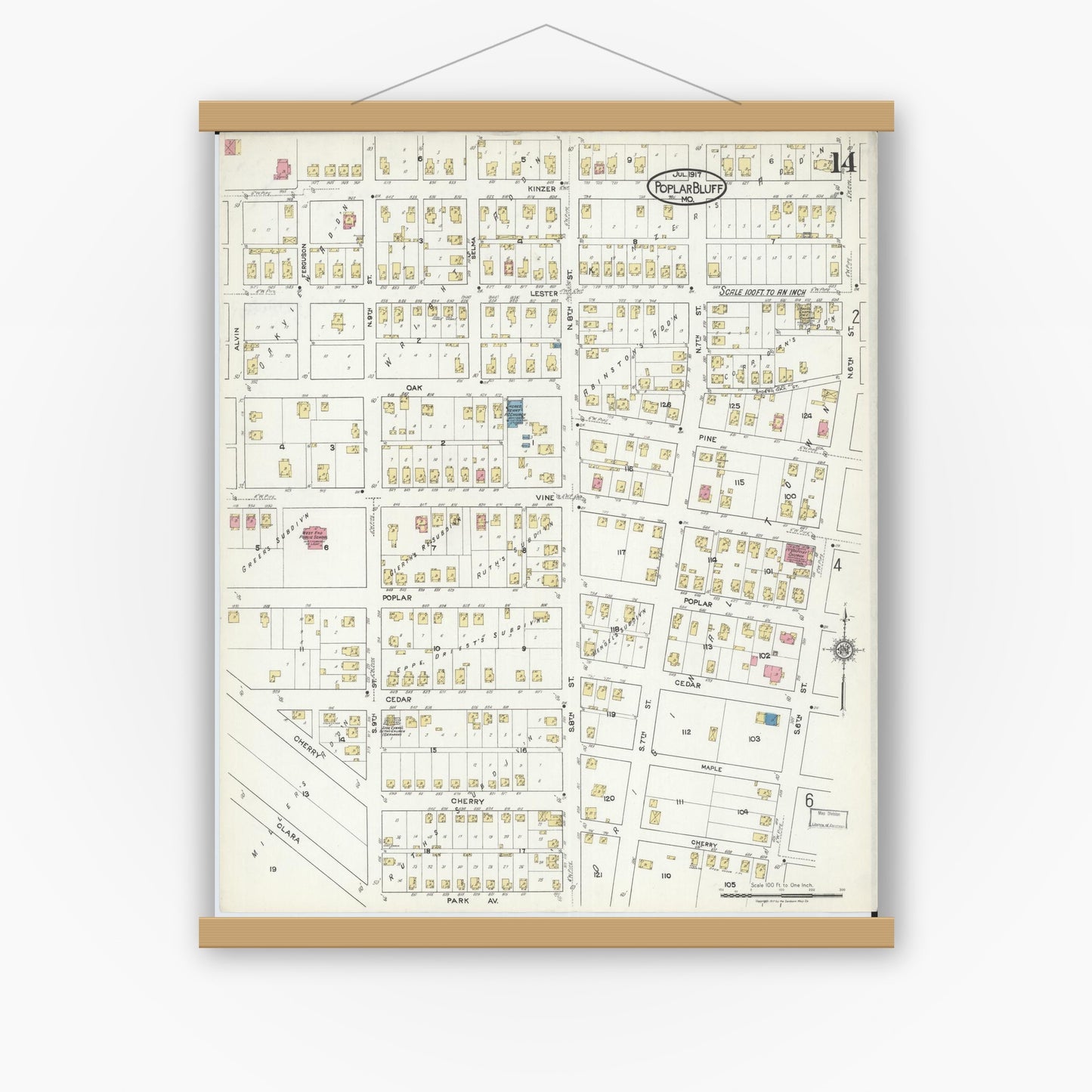 Old map wall art mockup — magnetic wood frame on white wall — Sanborn Fire Insurance Map from Poplar Bluff, Butler County, Missouri (1917), Sheet #0014