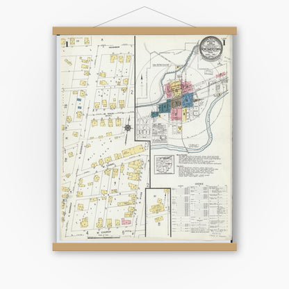 Old map wall art mockup — magnetic wood frame on white wall — Sanborn Fire Insurance Map from Newcomerstown, Tuscarawas County, Ohio (1924), Sheet #0001