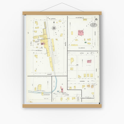 Old map wall art mockup — magnetic wood frame on white wall — Sanborn Fire Insurance Map from Reed City, Osceola County, Michigan (1908), Sheet #0006