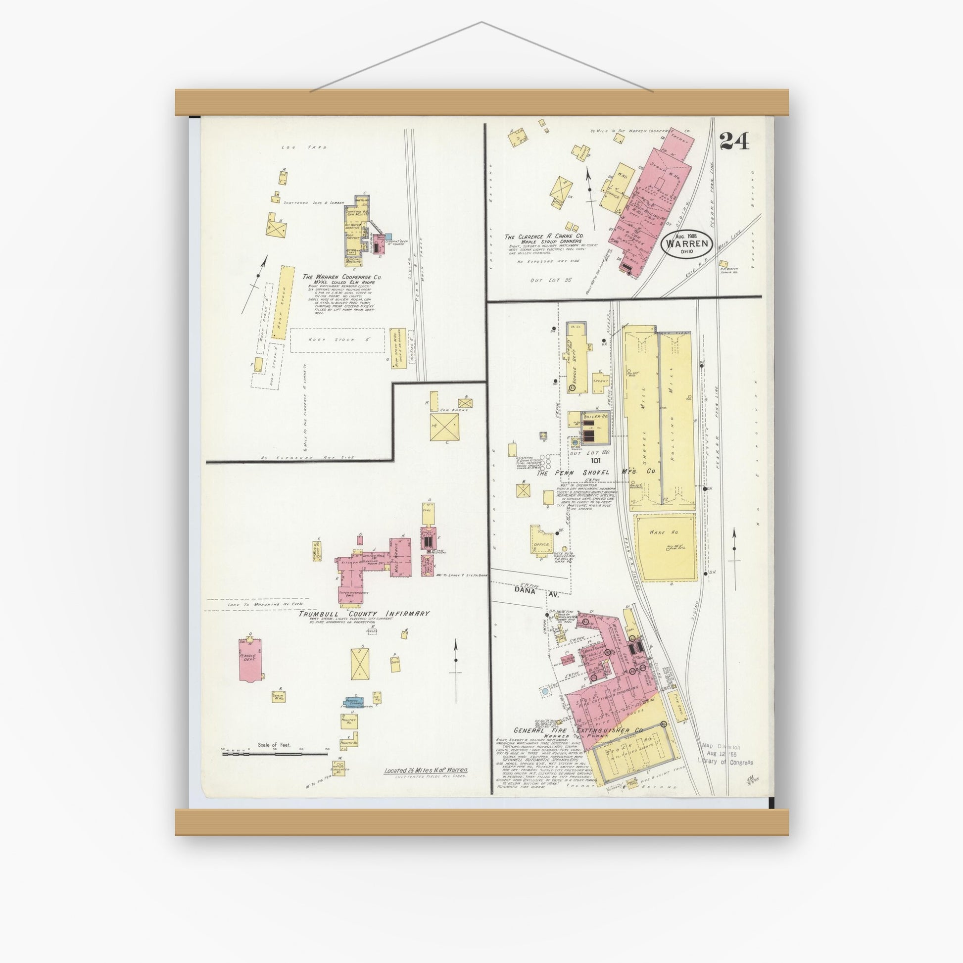 Old map wall art mockup — magnetic wood frame on white wall — Sanborn Fire Insurance Map from Warren, Trumbull County, Ohio (1908), Sheet #0024