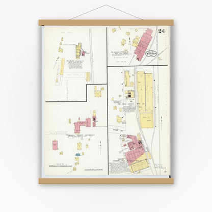 Old map wall art mockup — magnetic wood frame on white wall — Sanborn Fire Insurance Map from Warren, Trumbull County, Ohio (1908), Sheet #0024