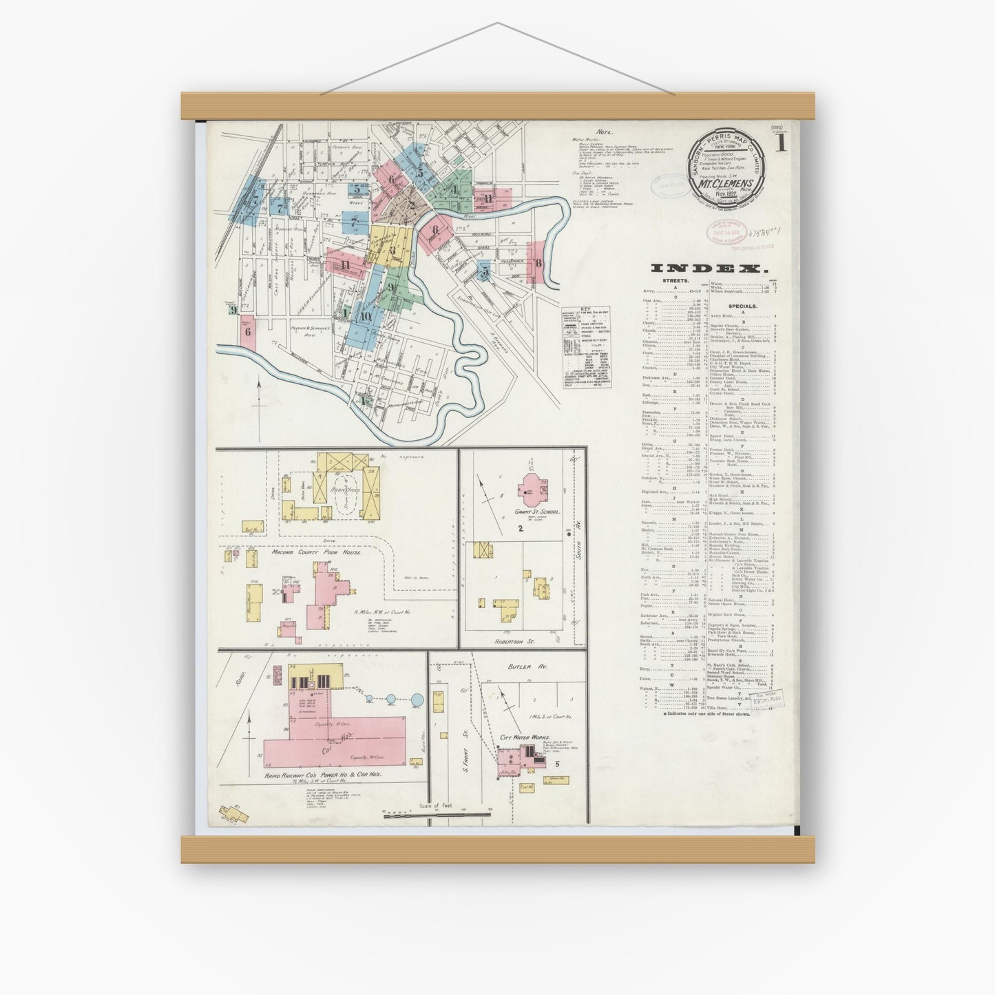 Old map wall art mockup — magnetic wood frame on white wall — Sanborn Fire Insurance Map from Mount Clemens, Macomb County, Michigan (1897) - Complete Map Set
