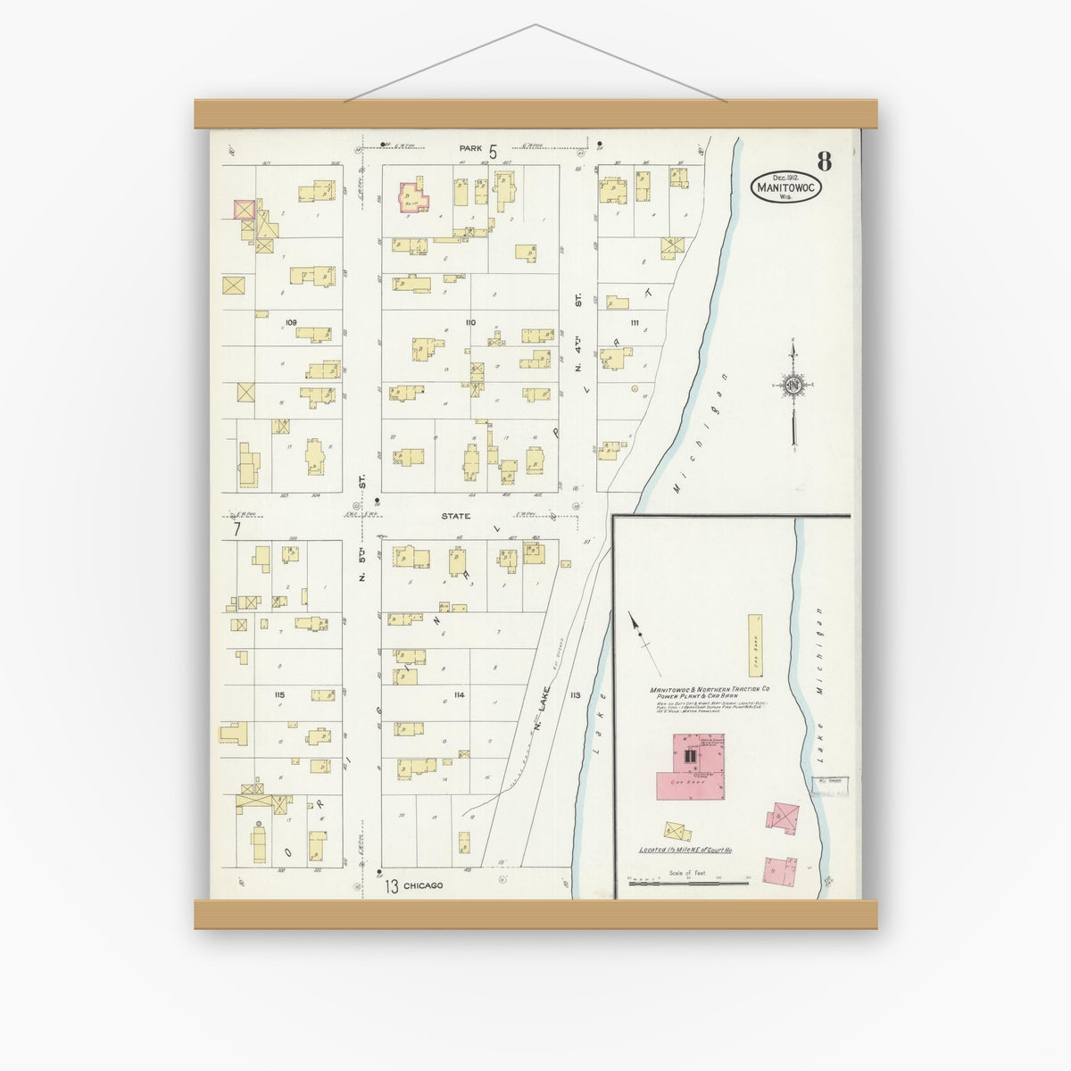 Old map wall art mockup — magnetic wood frame on white wall — Sanborn Fire Insurance Map from Manitowoc, Manitowoc County, Wisconsin (1912), Sheet #0008