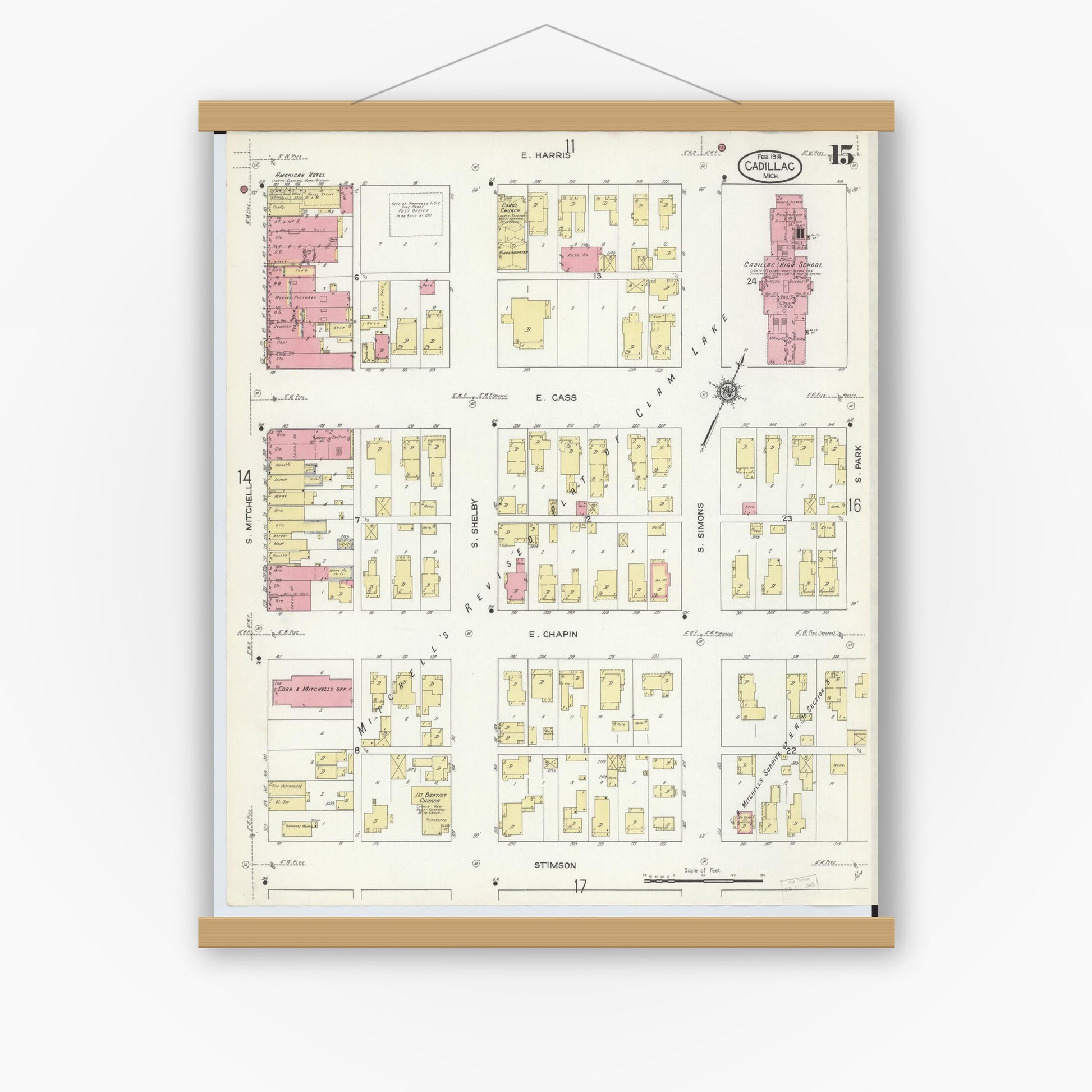 Old map wall art mockup — magnetic wood frame on white wall — Sanborn Fire Insurance Map from Cadillac, Wexford County, Michigan (1914), Sheet #0015