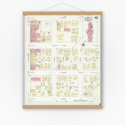 Old map wall art mockup — magnetic wood frame on white wall — Sanborn Fire Insurance Map from Cadillac, Wexford County, Michigan (1914), Sheet #0015