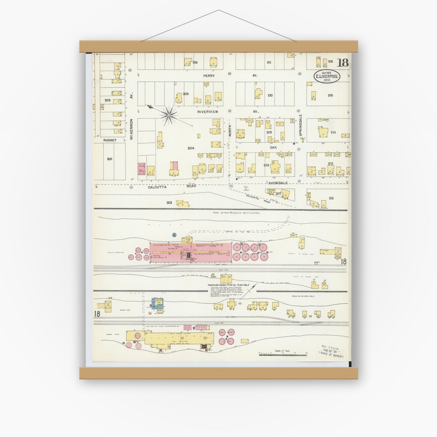 Old map wall art mockup — magnetic wood frame on white wall — Sanborn Fire Insurance Map from East Liverpool, Columbiana County, Ohio (1903), Sheet #0018