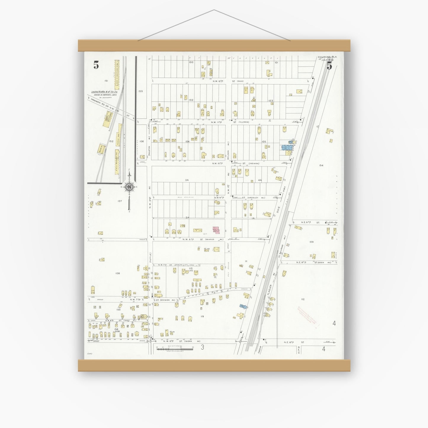 Old map wall art mockup — magnetic wood frame on white wall — Sanborn Fire Insurance Map from Pompano, Broward County, Florida (1939), Sheet #0005