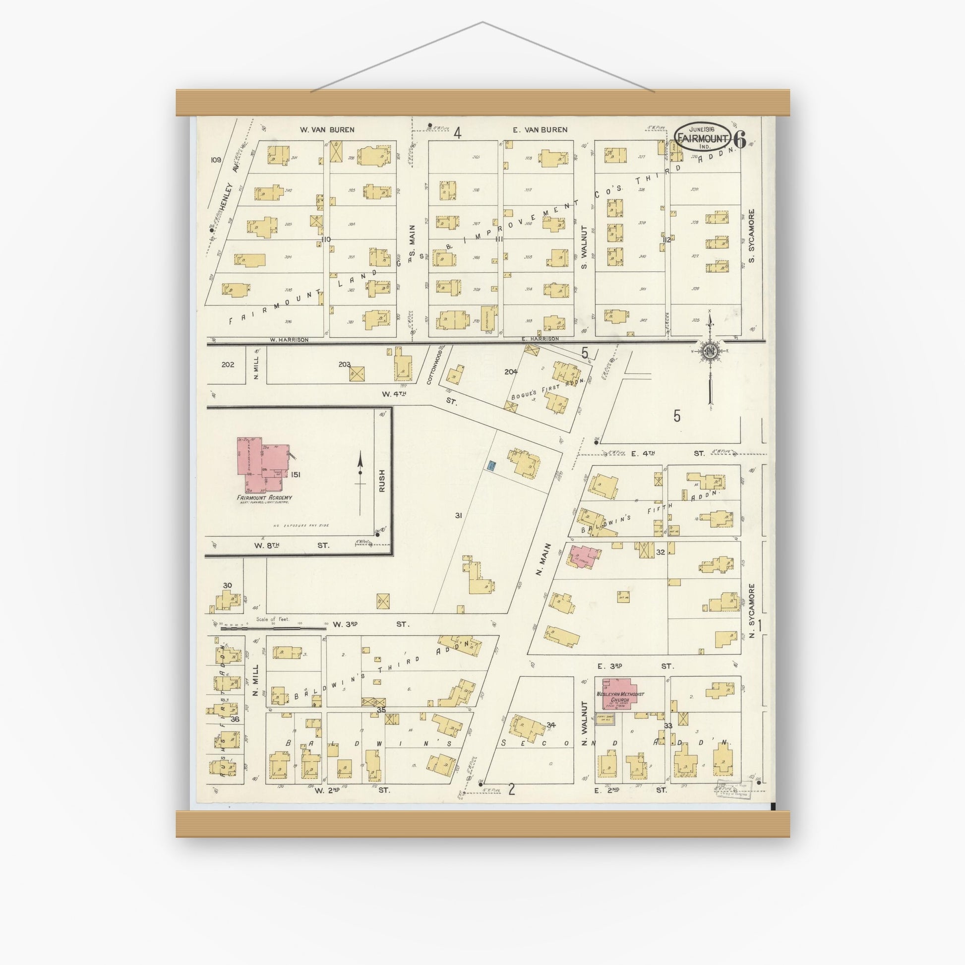 Old map wall art mockup — magnetic wood frame on white wall — Sanborn Fire Insurance Map from Fairmount, Grant County, Indiana (1916), Sheet #0006