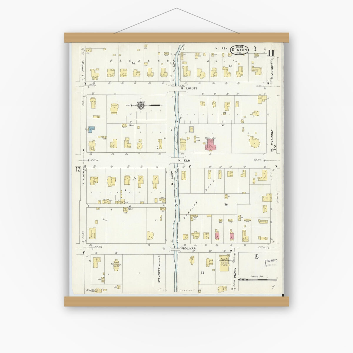 Old map wall art mockup — magnetic wood frame on white wall — Sanborn Fire Insurance Map from Denton, Denton County, Texas (1912), Sheet #0011