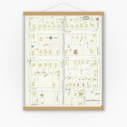Old map wall art mockup — magnetic wood frame on white wall — Sanborn Fire Insurance Map from Denton, Denton County, Texas (1912), Sheet #0011