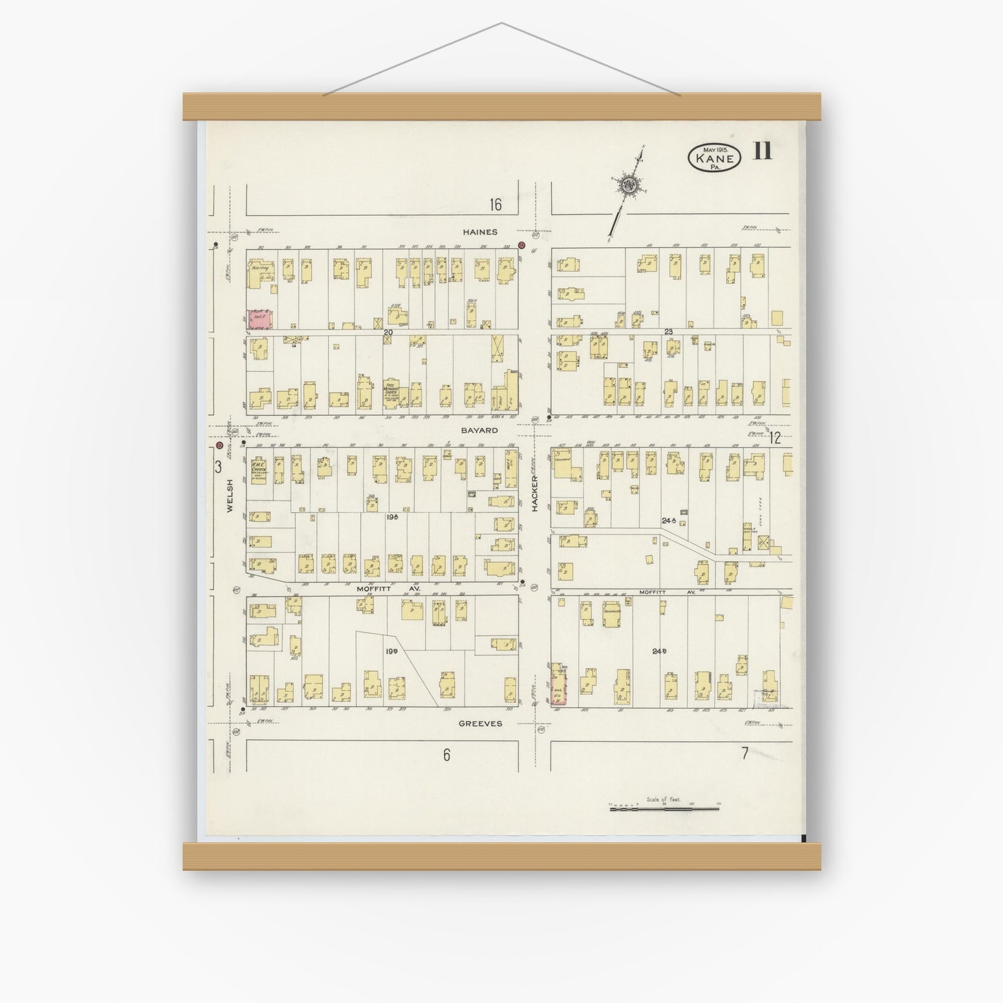 Old map wall art mockup — magnetic wood frame on white wall — Sanborn Fire Insurance Map from Kane, McKean County, Pennsylvania (1915), Sheet #0011