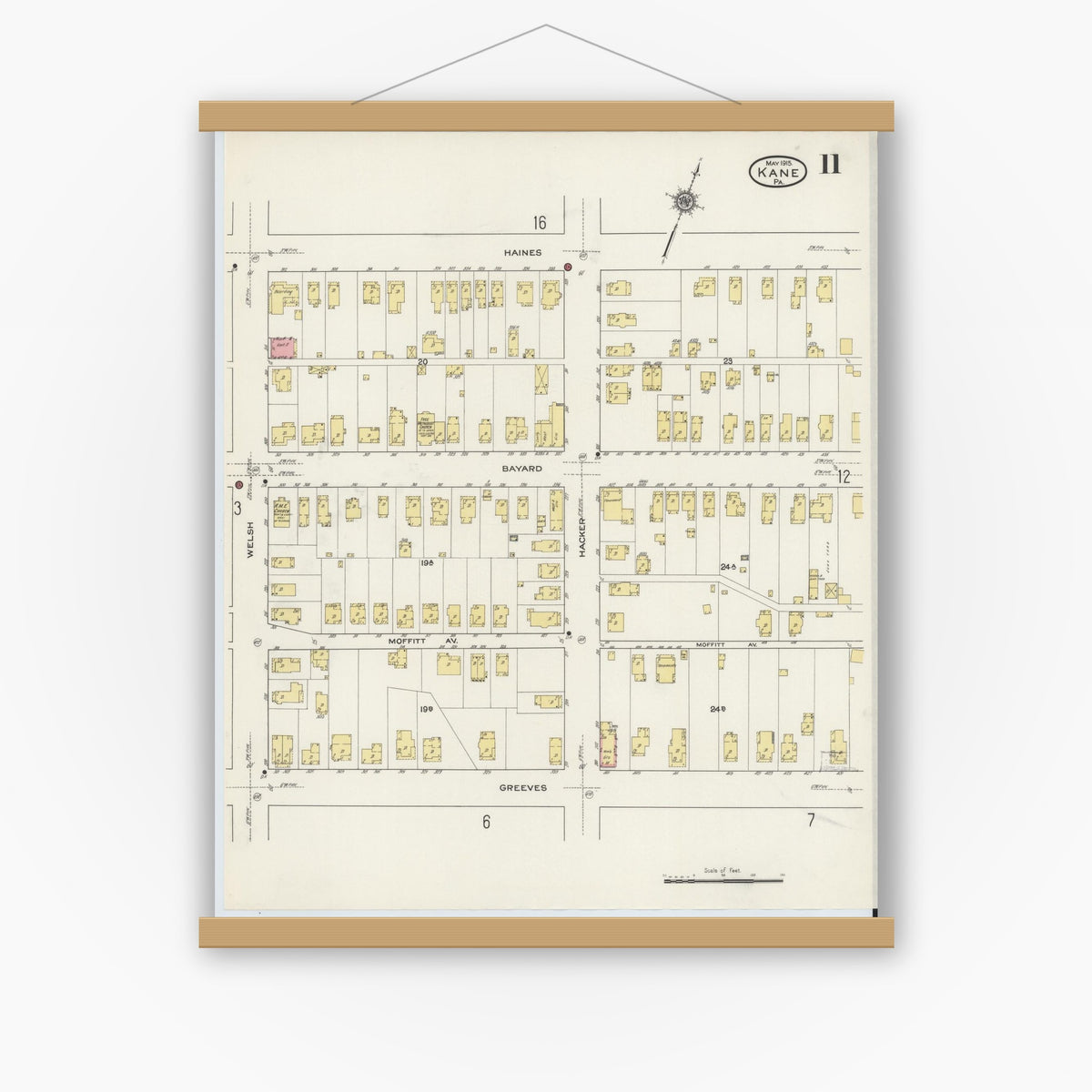 Old map wall art mockup — magnetic wood frame on white wall — Sanborn Fire Insurance Map from Kane, McKean County, Pennsylvania (1915), Sheet #0011