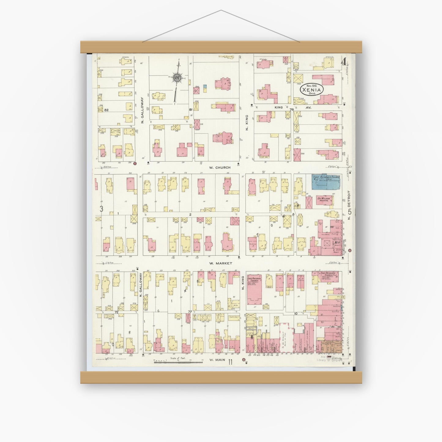 Old map wall art mockup — magnetic wood frame on white wall — Sanborn Fire Insurance Map from Xenia, Greene County, Ohio (1910), Sheet #0004
