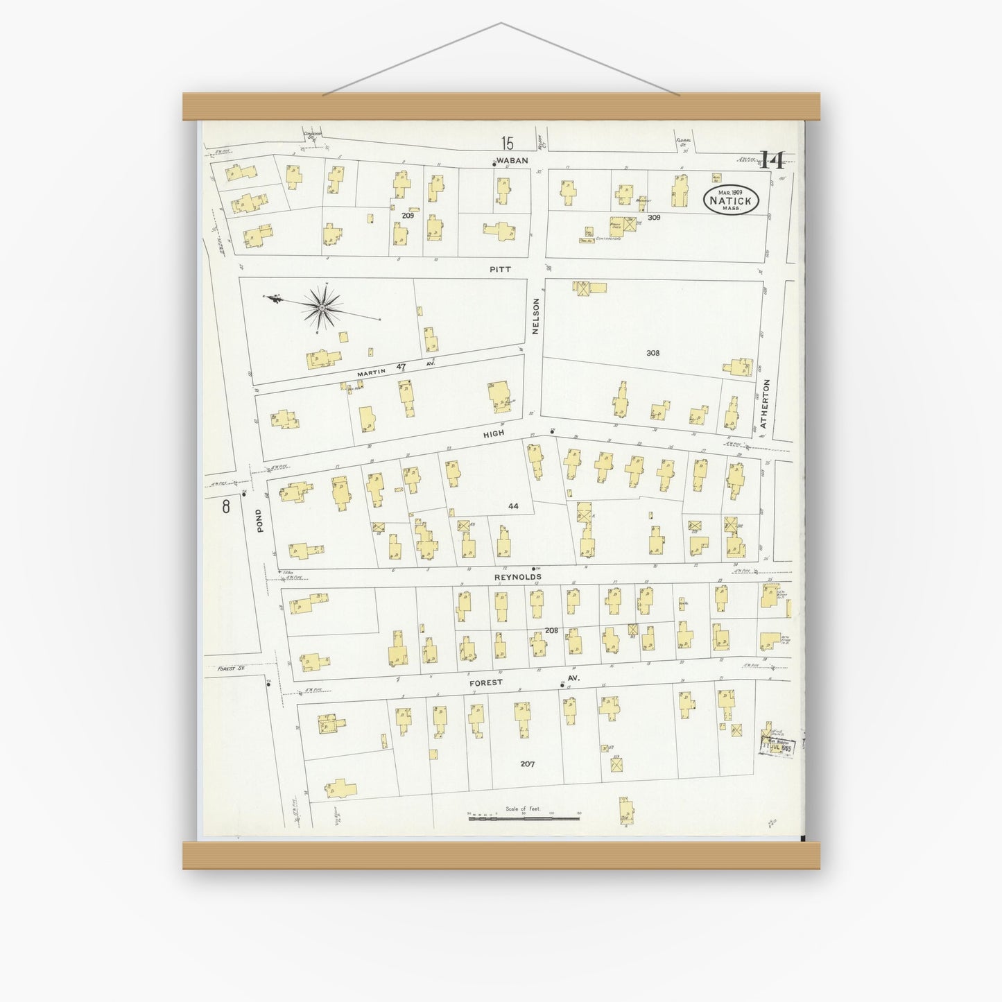 Old map wall art mockup — magnetic wood frame on white wall — Sanborn Fire Insurance Map from Natick, Middlesex County, Massachusetts (1909), Sheet #0014