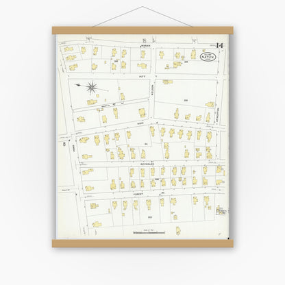 Old map wall art mockup — magnetic wood frame on white wall — Sanborn Fire Insurance Map from Natick, Middlesex County, Massachusetts (1909), Sheet #0014
