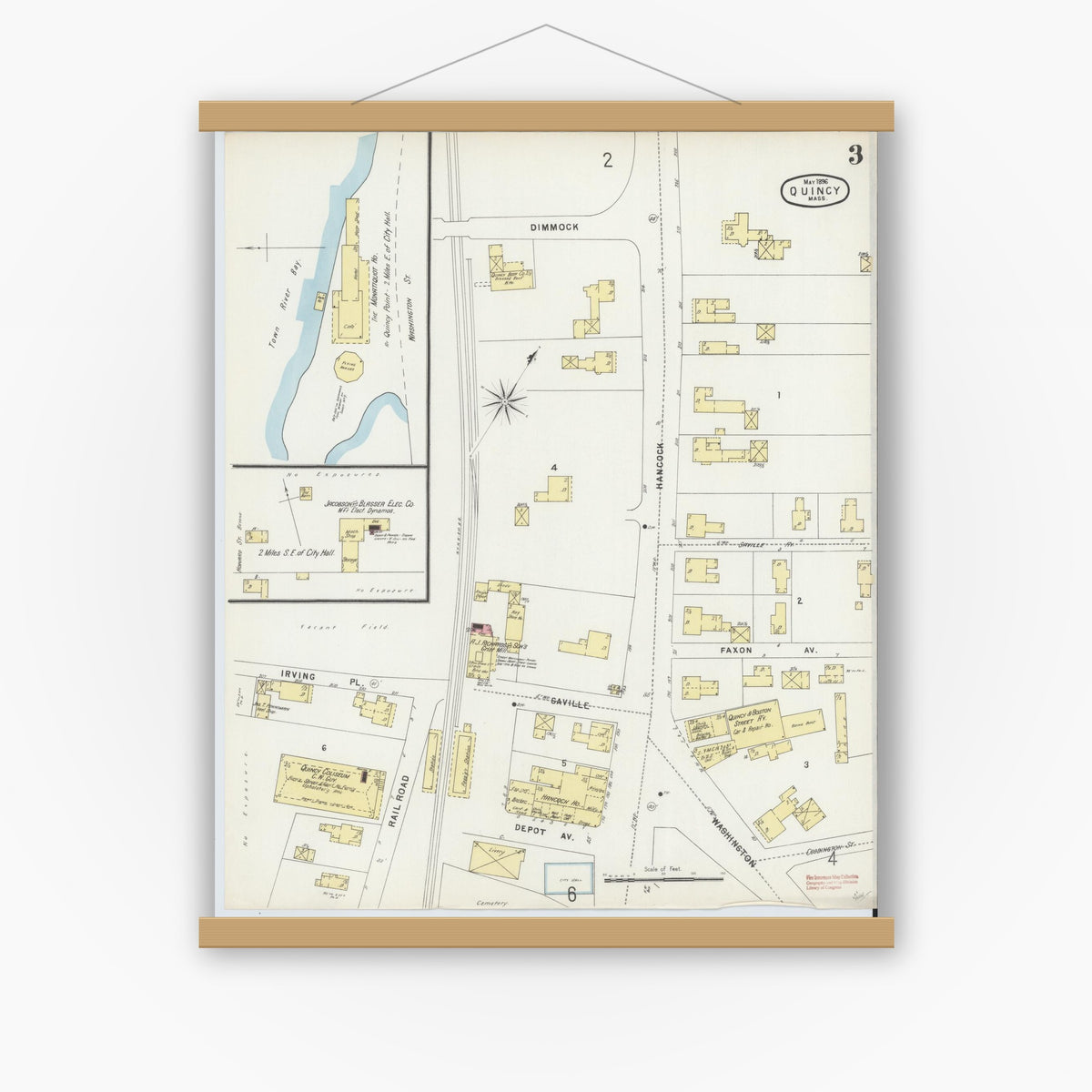 Old map wall art mockup — magnetic wood frame on white wall — Sanborn Fire Insurance Map from Quincy, Norfolk County, Massachusetts (1896), Sheet #0003