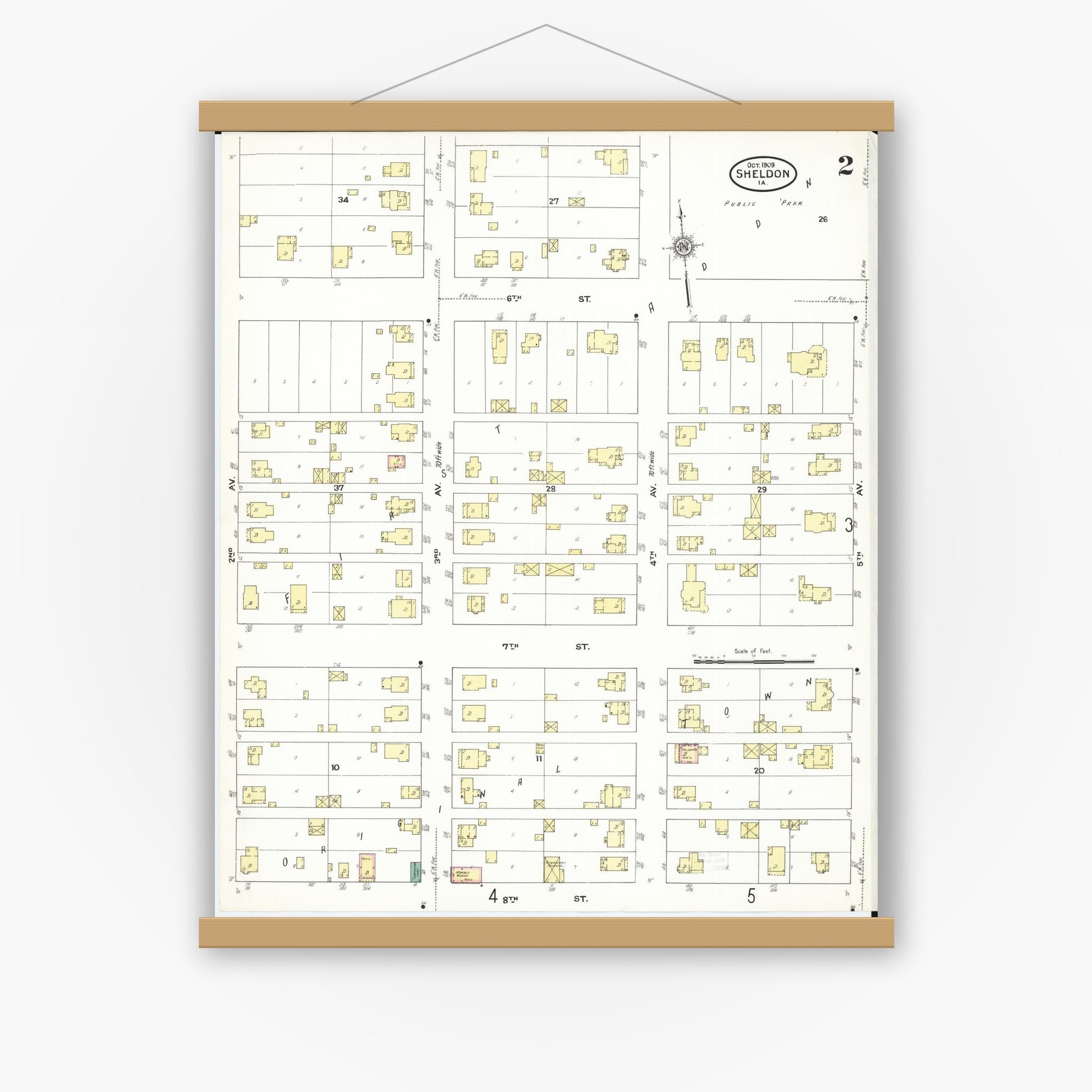 Old map wall art mockup — magnetic wood frame on white wall — Sanborn Fire Insurance Map from Sheldon, O'Brien County, Iowa (1909), Sheet #0002