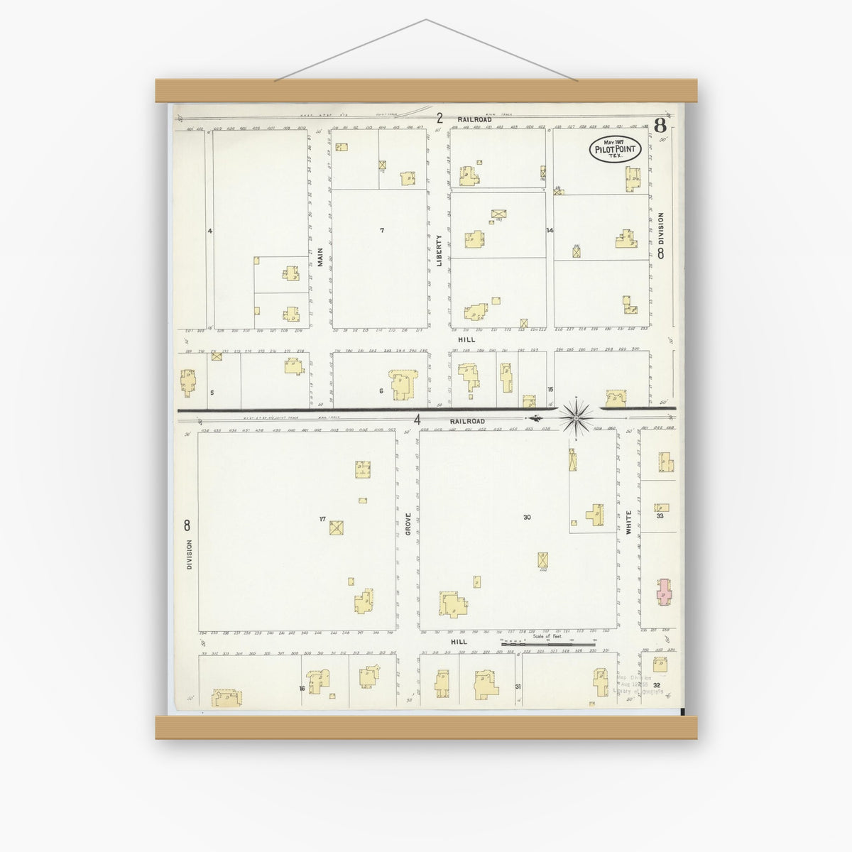 Old map wall art mockup — magnetic wood frame on white wall — Sanborn Fire Insurance Map from Pilot Point, Denton County, Texas (1907), Sheet #0008