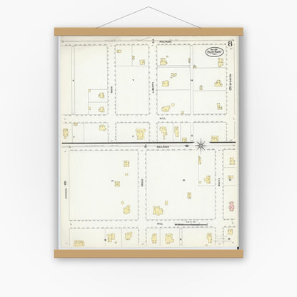 Old map wall art mockup — magnetic wood frame on white wall — Sanborn Fire Insurance Map from Pilot Point, Denton County, Texas (1907), Sheet #0008