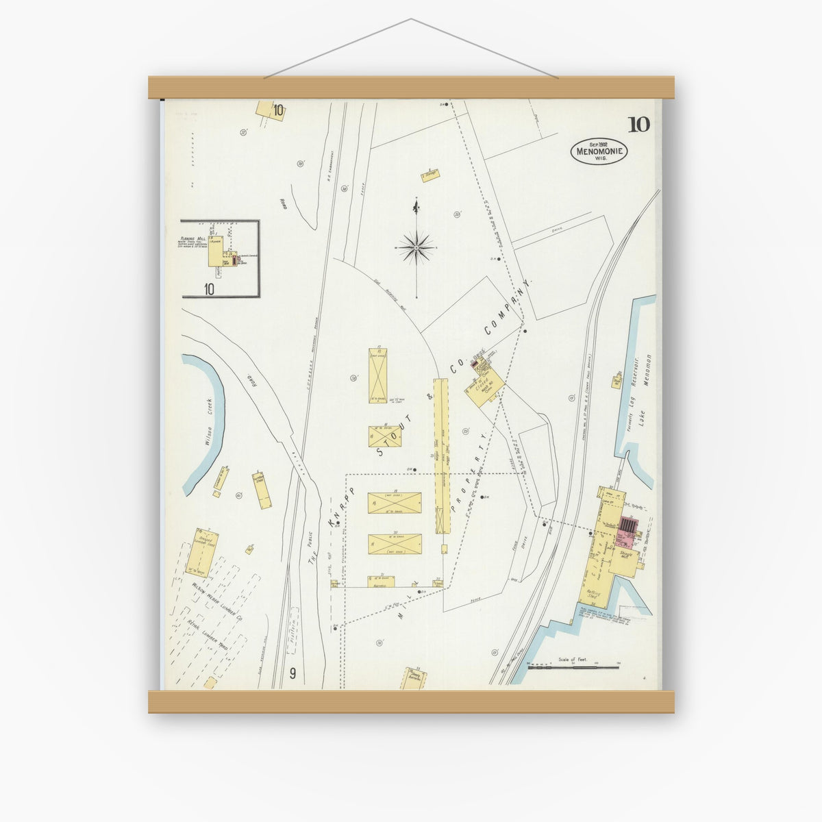 Old map wall art mockup — magnetic wood frame on white wall — Sanborn Fire Insurance Map from Menomonie, Dunn County, Wisconsin (1902), Sheet #0010