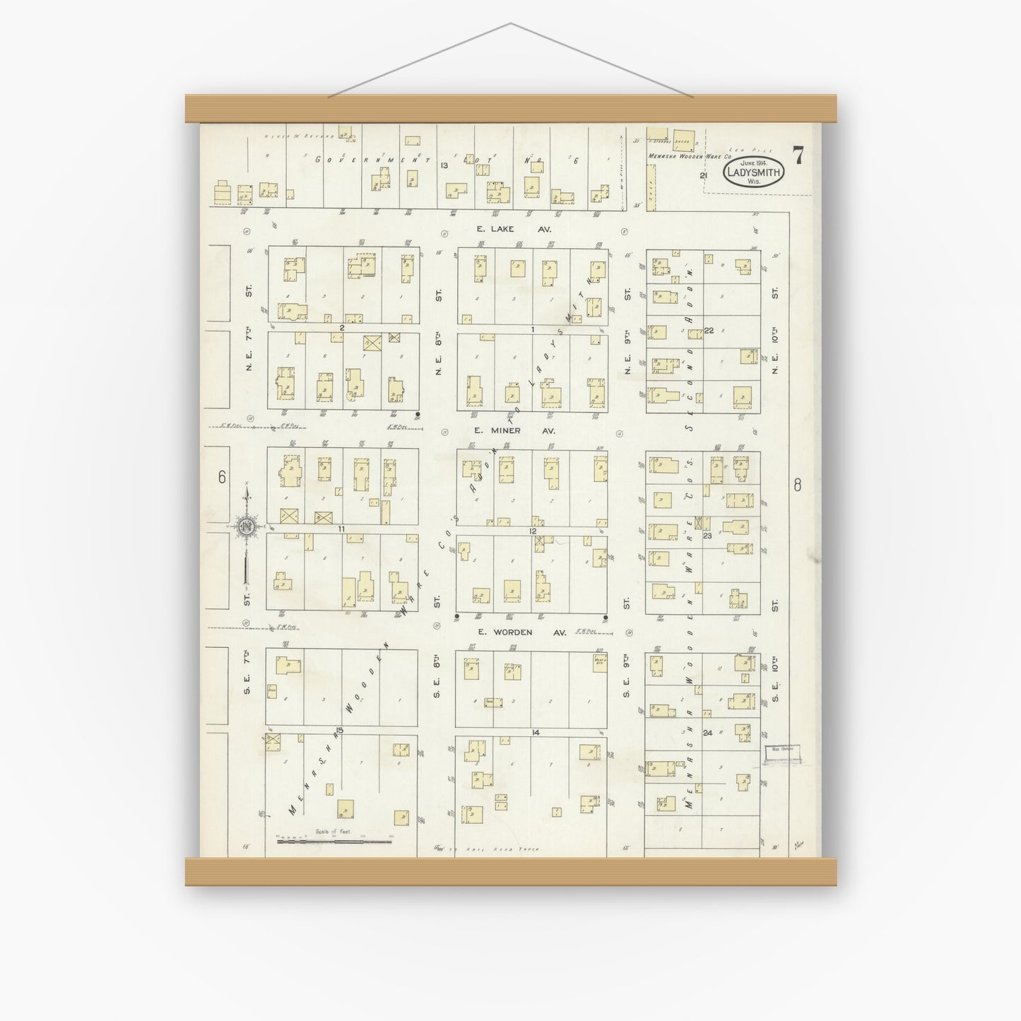 Old map wall art mockup — magnetic wood frame on white wall — Sanborn Fire Insurance Map from Ladysmith, Rusk County, Wisconsin (1914), Sheet #0007