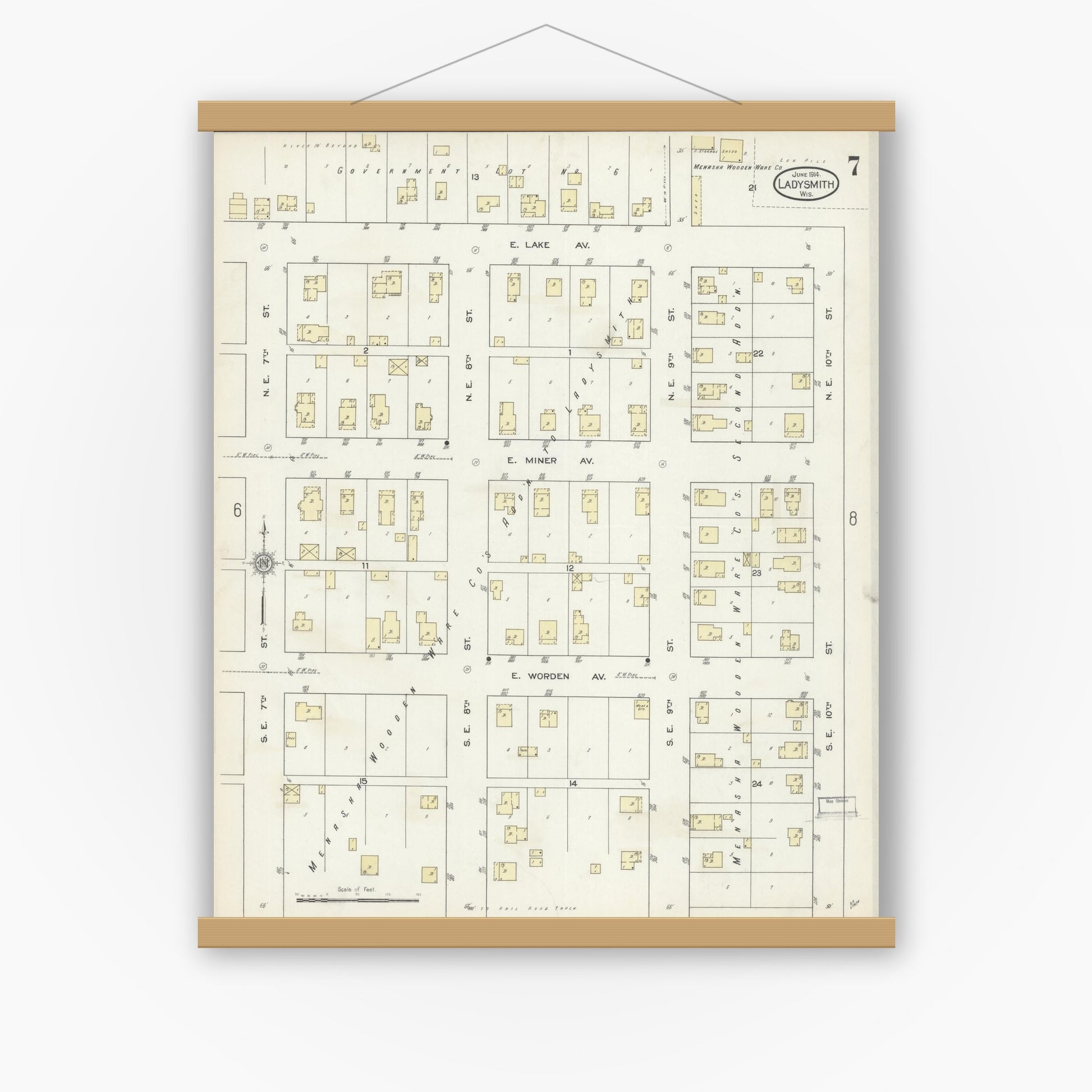 Old map wall art mockup — magnetic wood frame on white wall — Sanborn Fire Insurance Map from Ladysmith, Rusk County, Wisconsin (1914), Sheet #0007
