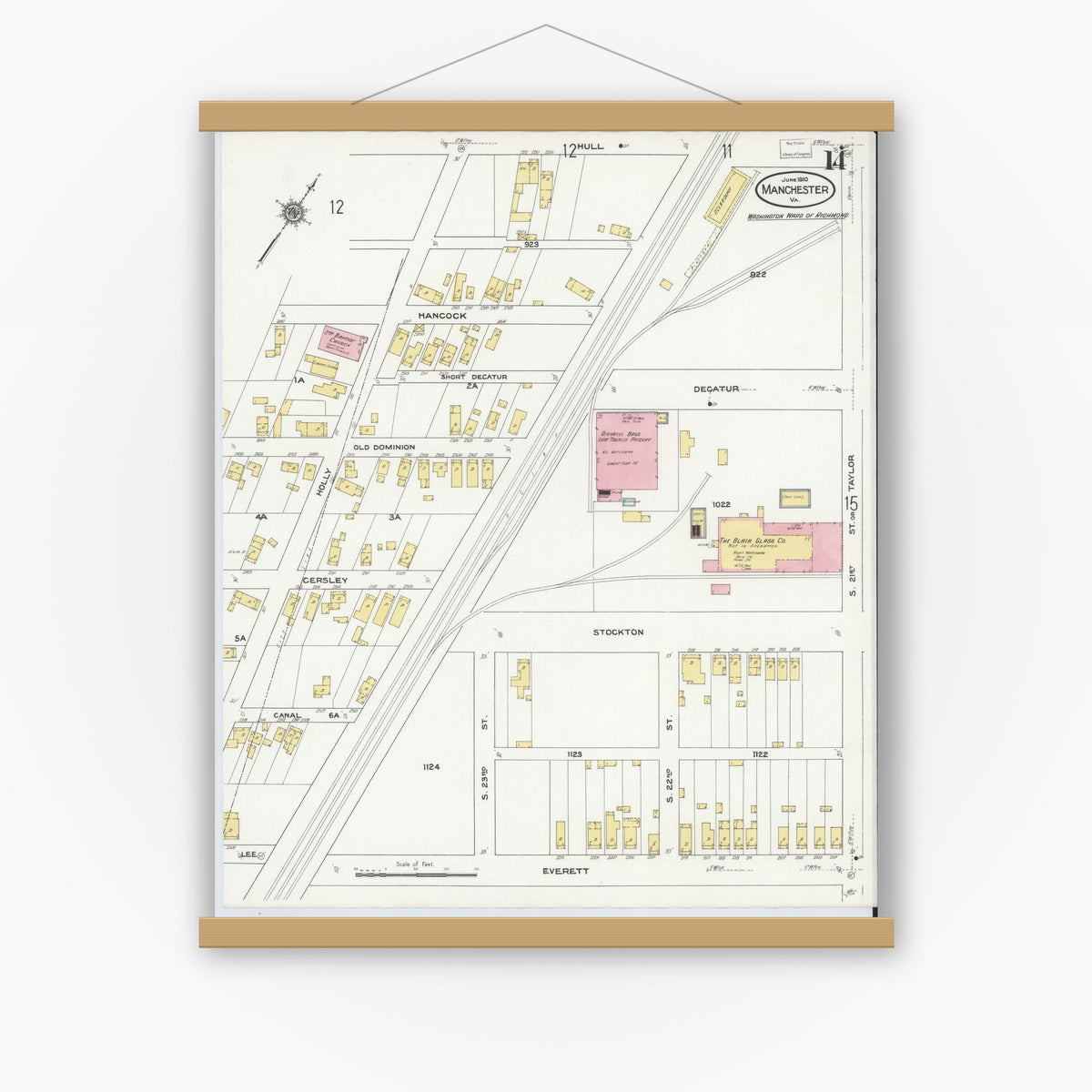 Old map wall art mockup — magnetic wood frame on white wall — Sanborn Fire Insurance Map from Manchester, Chesterfield County, Virginia (1910), Sheet #0014