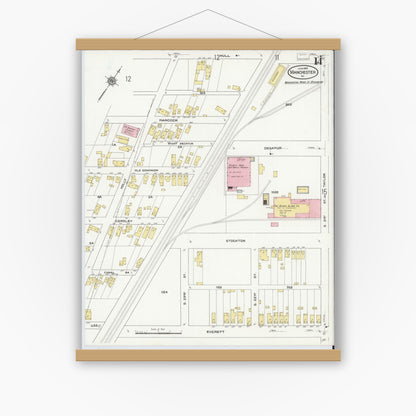Old map wall art mockup — magnetic wood frame on white wall — Sanborn Fire Insurance Map from Manchester, Chesterfield County, Virginia (1910), Sheet #0014