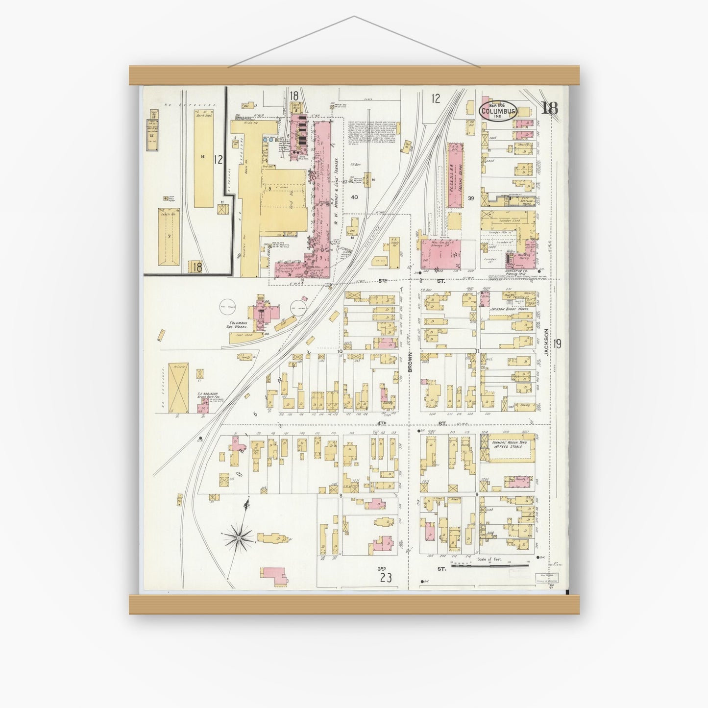 Old map wall art mockup — magnetic wood frame on white wall — Sanborn Fire Insurance Map from Columbus, Bartholomew County, Indiana (1906), Sheet #0018