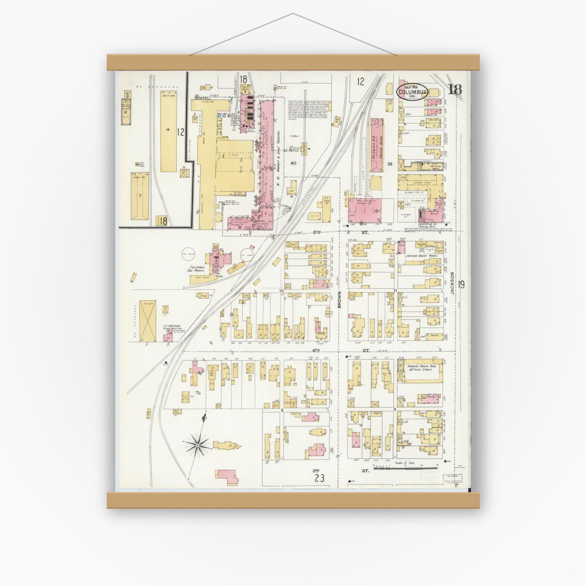 Old map wall art mockup — magnetic wood frame on white wall — Sanborn Fire Insurance Map from Columbus, Bartholomew County, Indiana (1906), Sheet #0018