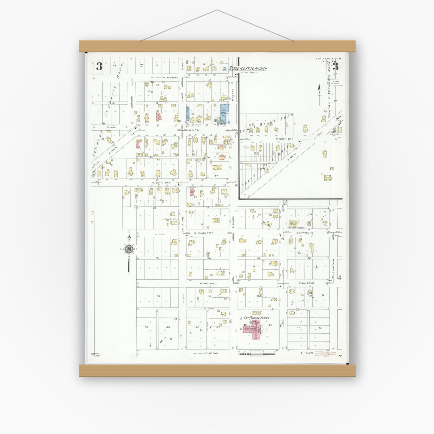 Old map wall art mockup — magnetic wood frame on white wall — Sanborn Fire Insurance Map from Centreville, Saint Joseph County, Michigan (1939), Sheet #0003